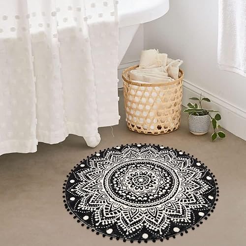 Miniatura 5 de Uphome Alfombra redonda pequeña de 2.3 pies, diseño de mandala negra, bohemia, con pompones, flecos, lavable, tapete de ducha circular suave,