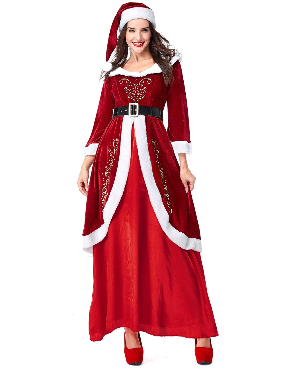 Medium) Colorful House Women's Mrs. Santa Claus Costume, Plus Size Santa Helper Dresses With Hats(Medium, Wine Red)