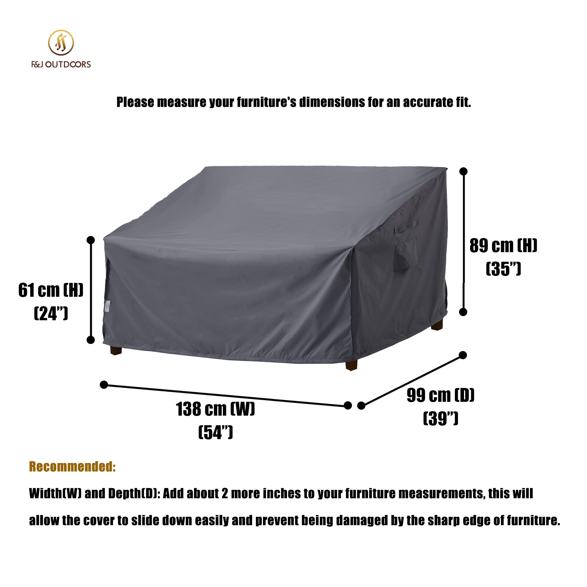 F&J Outdoors Fundas para sofá biplaza de jardín, impermeables, resistentes a los rayos UV, tela ecológica, para exteriores, 138 x 99 x 61/89 cm, gris