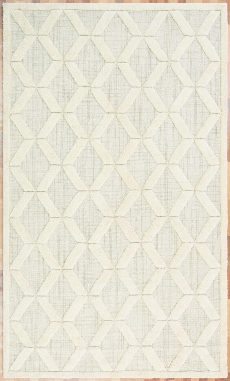 Hand Woven Cream and Light Sage Rectangular Wool 40 Pounds Modern Geometric Living Room Area Rug 7.0x10.0