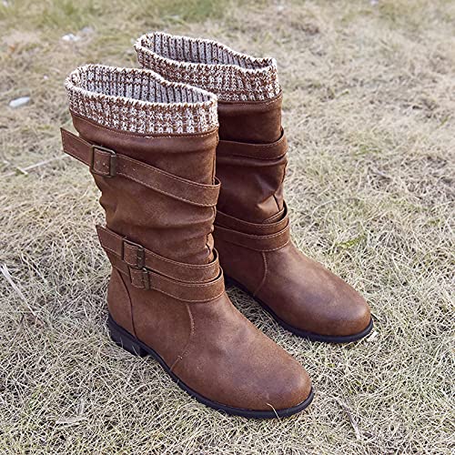 Womens Knight Boots Premium Faux Leather Buckle Strap Chunky Heels Mid-Well Boots Retro Ladies Shoes Ankle Boots #TOP7