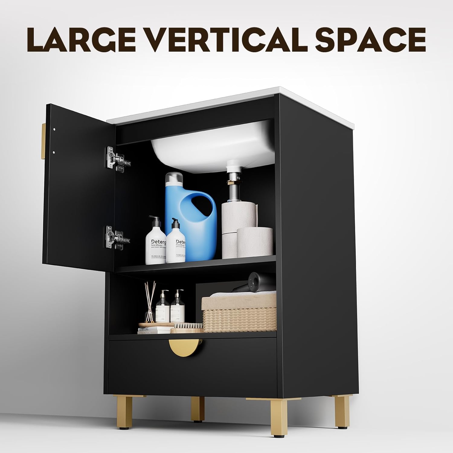 phiestina Fully Assembled Black 24 Inch Solid Wood Bathroom Vanity with Single Sink, 2 Doors and 1 Drawer Bathroom Storage Cabinet Set, No Faucet,YMS02-24-BLACK-JH