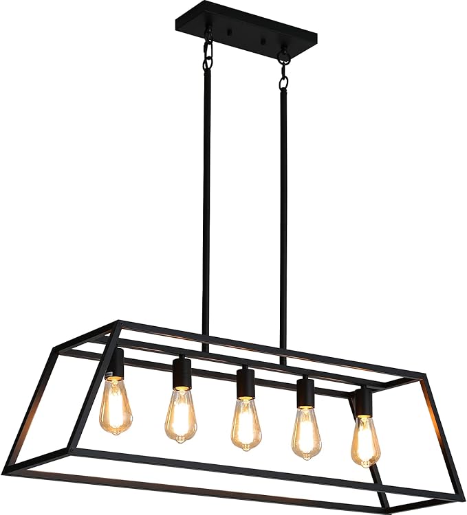 XISLTHOTSL Black Kitchen Island Lighting, 5-Light Farmhouse Chandeliers, Modern Industrial Linear Rectangle Pendant Light Fixtures for Dining Room Kitchen Bar Foyer(Metal, E26 Base)