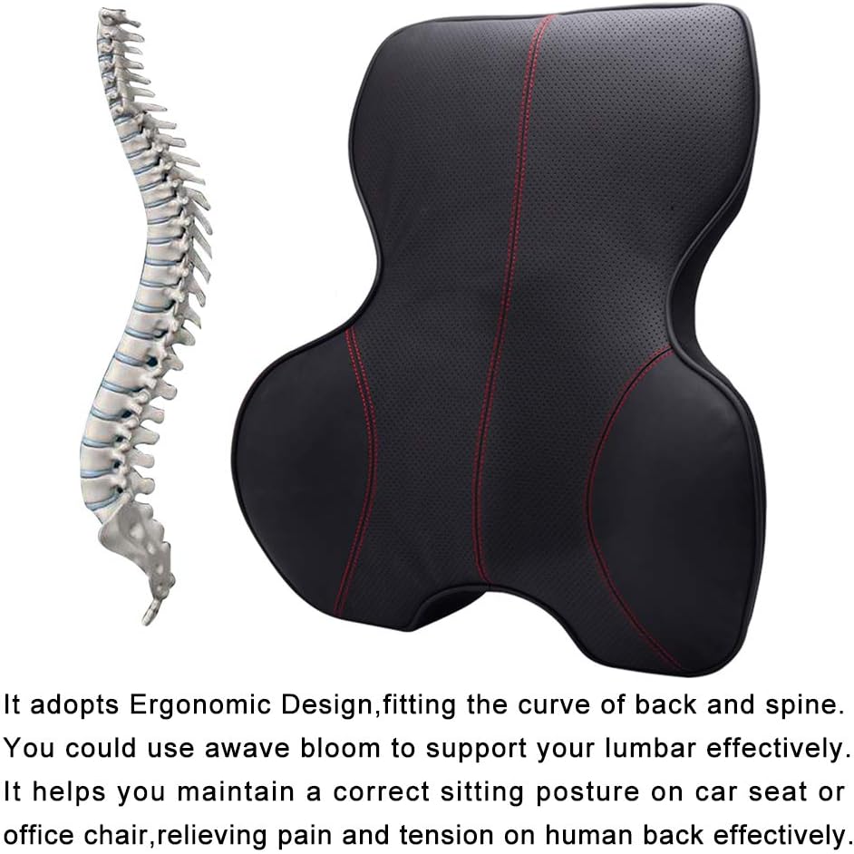 awave bloom Lumbar Support Pillow for Car, Genuine Leather Car Back Support,Memory Foam Low Back Cushion for Office Chair(Black 1 Pack)