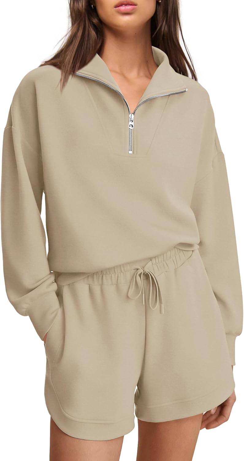 Panadila Womens Oversized Sweat Set 2 Piece Sweatsuits Airport Travel Lounge Set Long Sleeve Half Zip Top and Shorts - Image 4