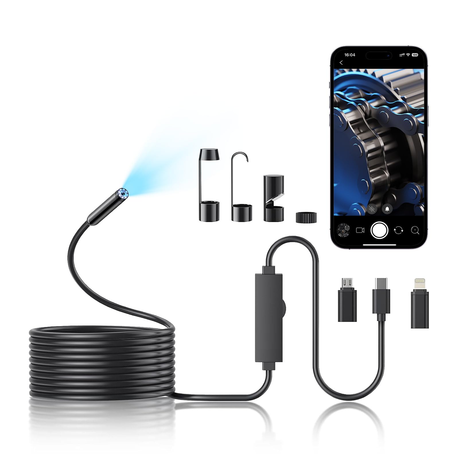 endoscope camera with light, 1920p hd borescope camera with 8 adjustable led, 16.4ft semi-rigid snake, ip67 waterproof 8mm inspection for ios and android (single-lens)