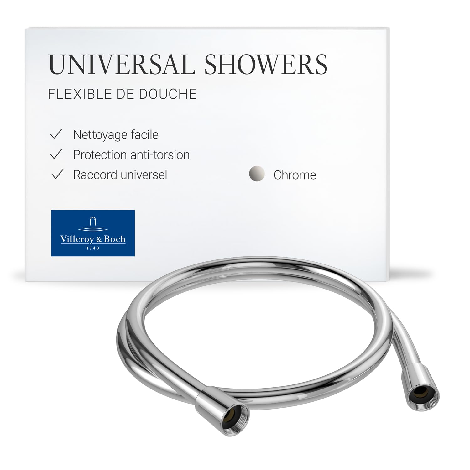 Flexible de douche à main Villeroy & Boch Universal Showers, flexible de douche avec protection anti-torsion, flexible de douche pour douche et baignoire, résistant à la torsion, 1,20 m, chromé