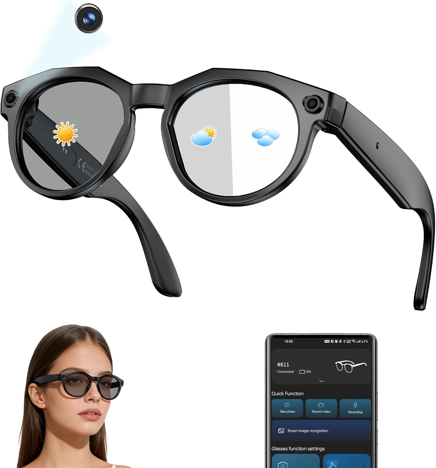 AI Smart Glasses with 4K Camera/Video Recording/Bluetooth for Men & Women/Hands-Free Recording Glasses with Audio, AI-Powered Wearable Tech/First-Person Camera/Travel/Bussiness/Sports/Drive