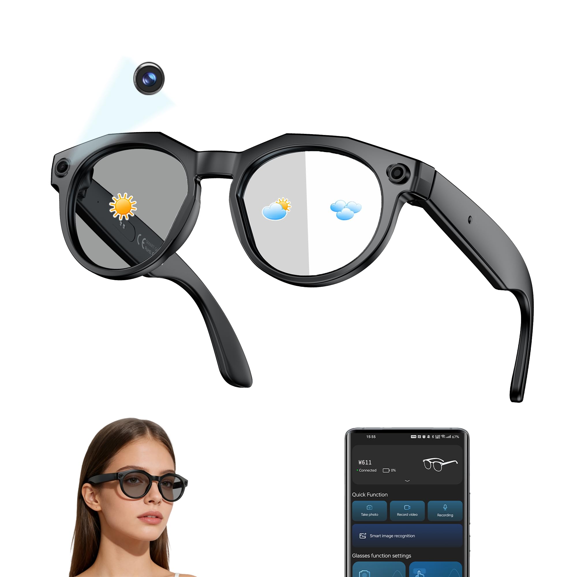 AI Smart Glasses with Camera: POV Vlogging Capture & Open-Ear Audio | AI object recognition & translation, photochromic lenses, 290mAh battery