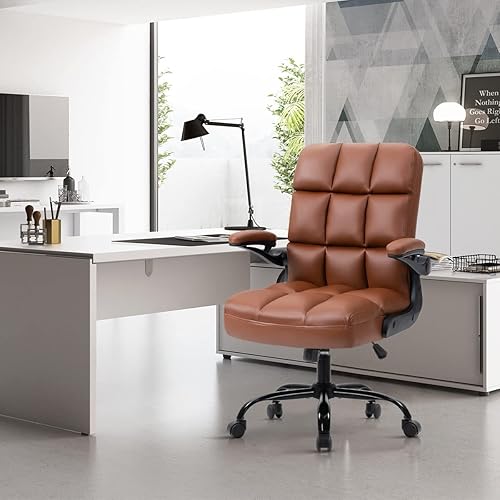 Miniatura 9 de SEATZONE Silla de escritorio pequeña de cuero para oficina ejecutiva con apoyabrazos y ruedas ajustables hacia atrás inclinación giratoria