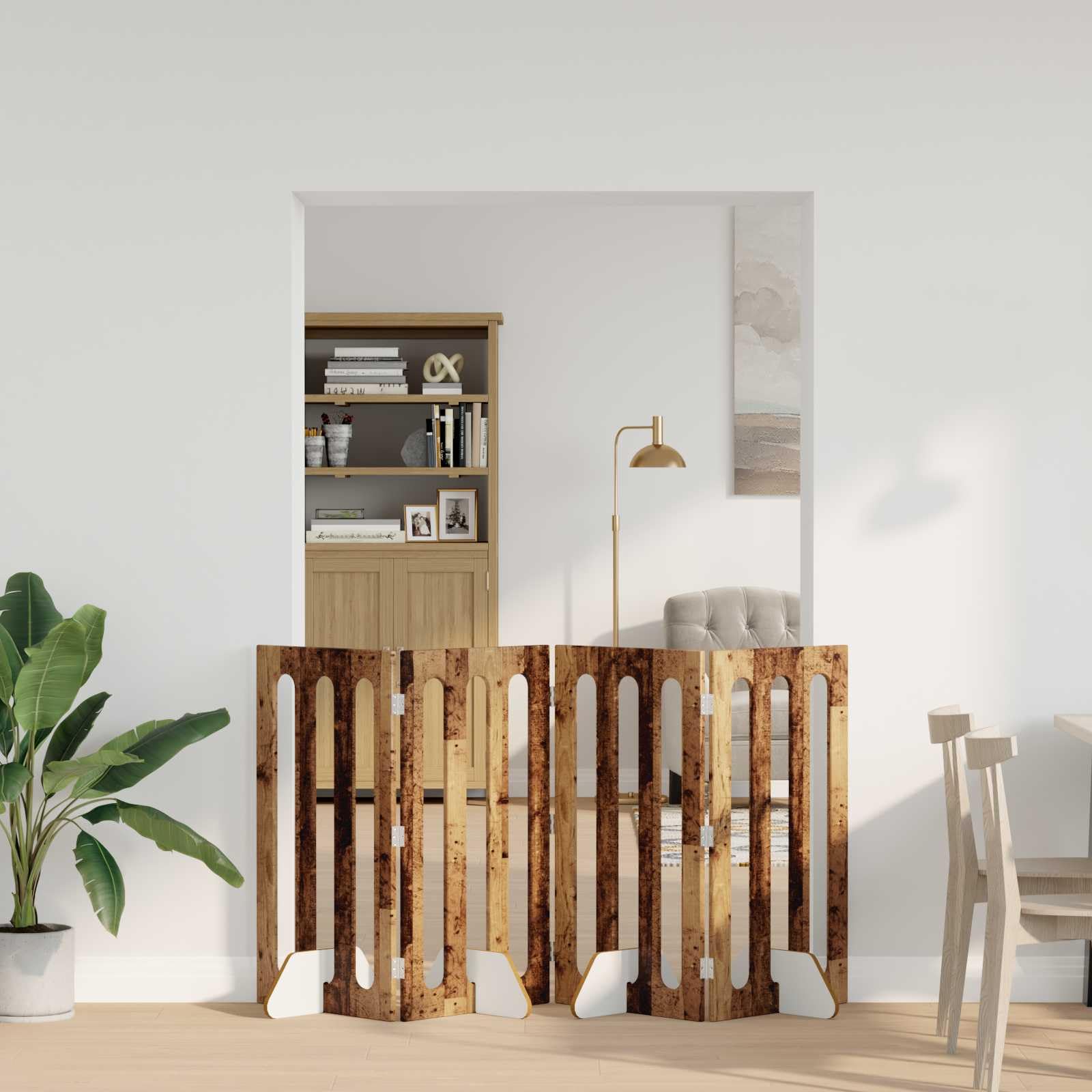 Valla plegable para mascotas, 4 unidades, madera de roble, 201 x 38 x 90 cm, borde interior flexible para perros, cachorros, protección y seguridad, fácil de montar, plegable, adecuado para