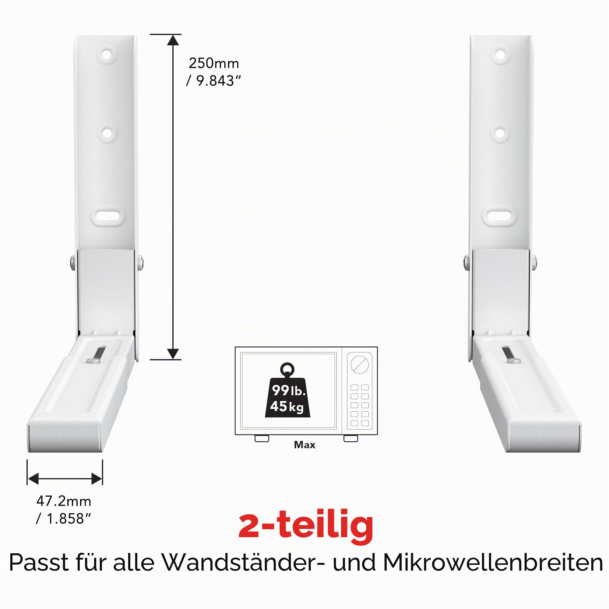 AVF EM60W-A Universal-Mikrowellen-Halterung zur Wandmontage, Weiß, Arme ausziehbar von 29,2 cm bis 45 cm, 2 Stück