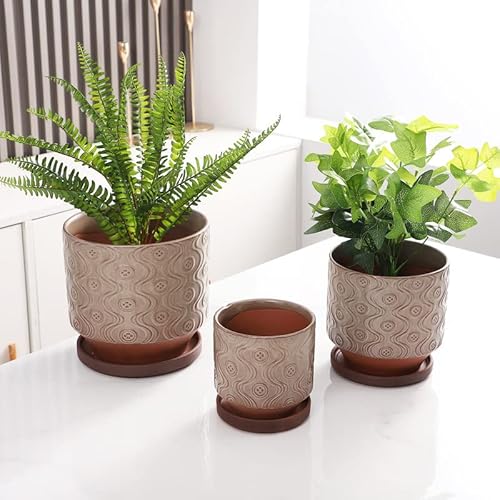 Fengson Large Ceramic Planters With Saucer,Set Of 3 Plant Pots For Indoor/Outdoor Plants,8+6+5 Inch Flower Pots With Drainage Holes,Small To Large Size Cylinder Planters Pot For Plants(Light Grey) #TOP3