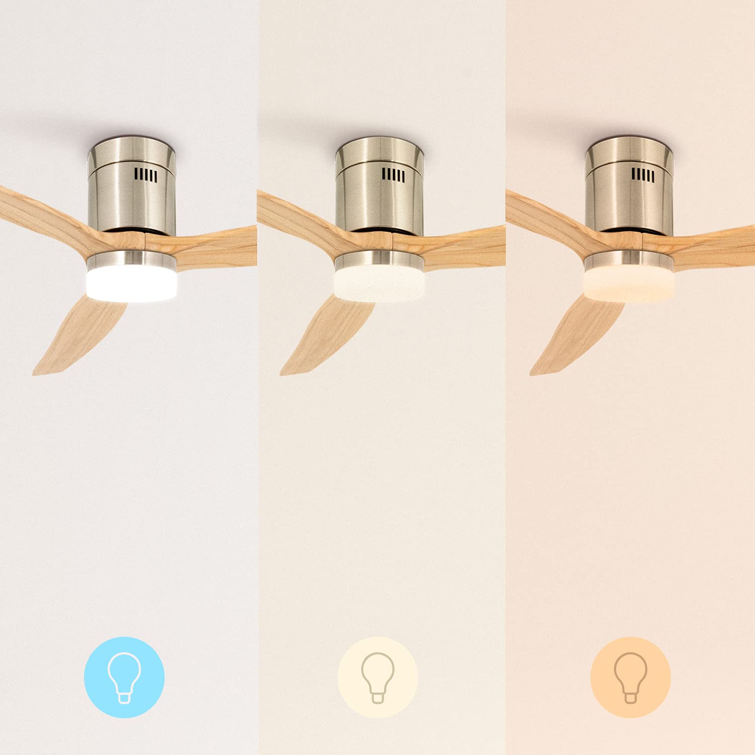 CREATE / WINDCALM M/Deckenventilator ABS mit Beleuchtung Nickel Hellesholzflügel-Optik mit WLAN und Fernbedienung / 40W, Leise, Ø132cm, Timer von 1 bis 4 Std, Sommer-Winterbetrieb