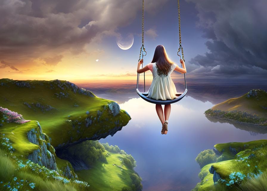 Poster mural fille balançoire paysage tableau décoration 50x70cm