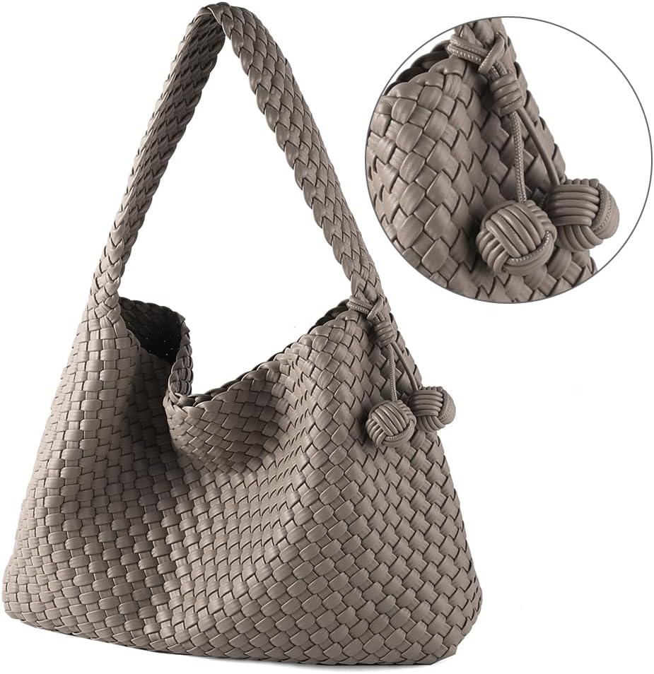 Women Vegan Leather Hand-Woven Tote Handbag Fashion All-Match Underarm Bag with Purse Soft Summer Hobo Tote Bag