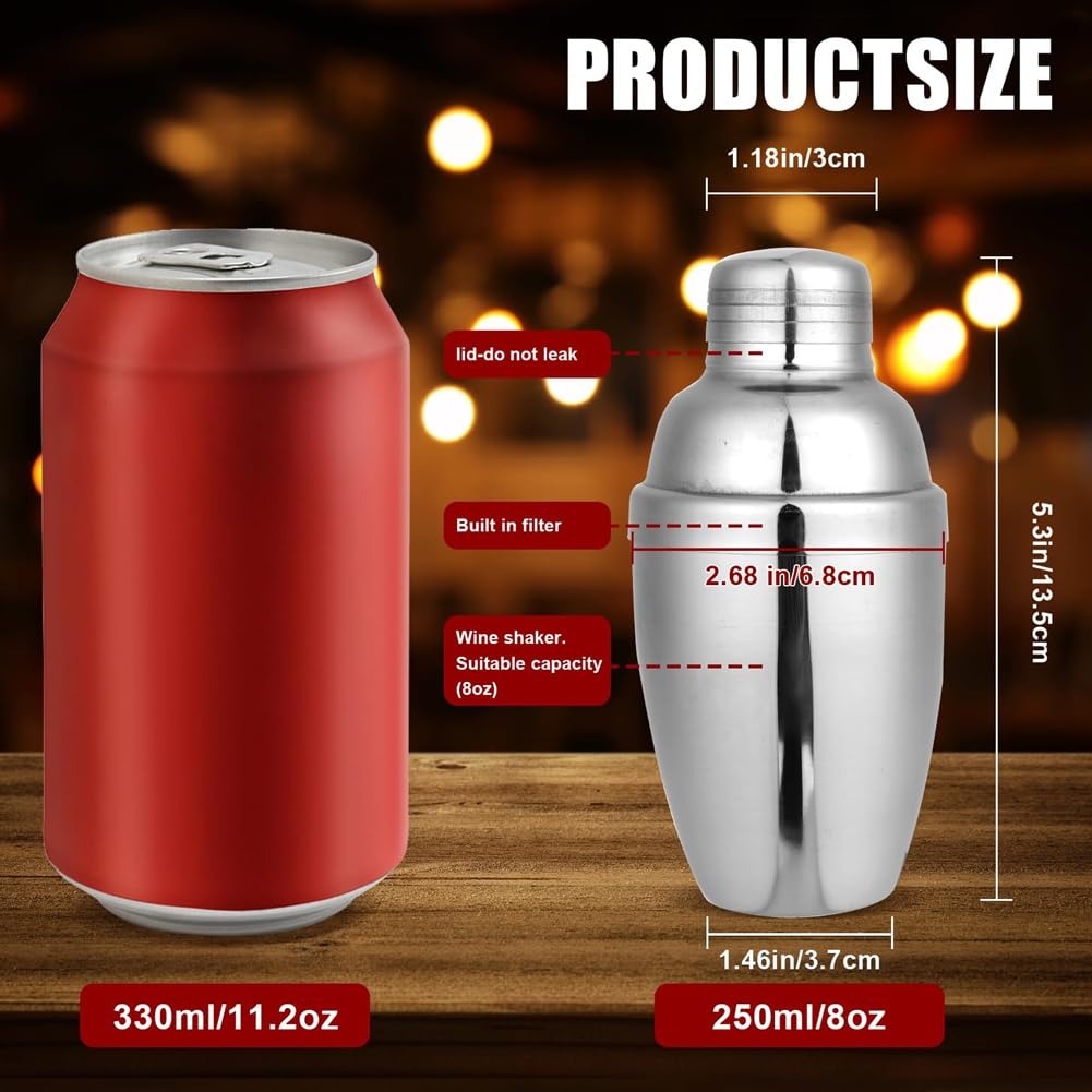 Lot de 6 mini shakers à cocktail en acier inoxydable avec passoire 250 ml