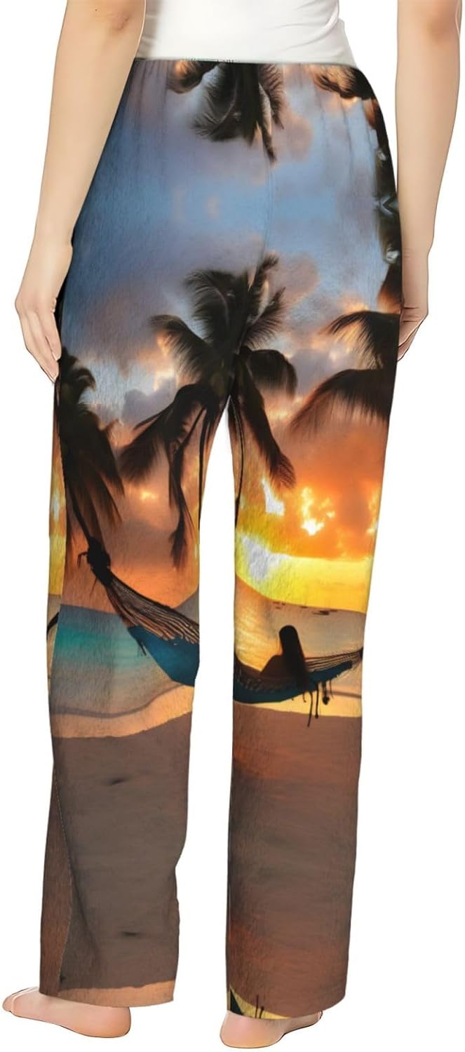 Coconut Beach Sunset Hammock Print Cozy Flannel Pajama Pants For Women,Warm Christmas Pj Pants,Cute Fleece Pajamas