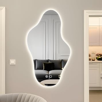 Modern Irregular LED Bathroom Mirror with Lights, Asymmetrical Lighted Wall Mirror with 3 Colors and Dimmable, for Bedroom Living Room Hallway39.4"x22.5"