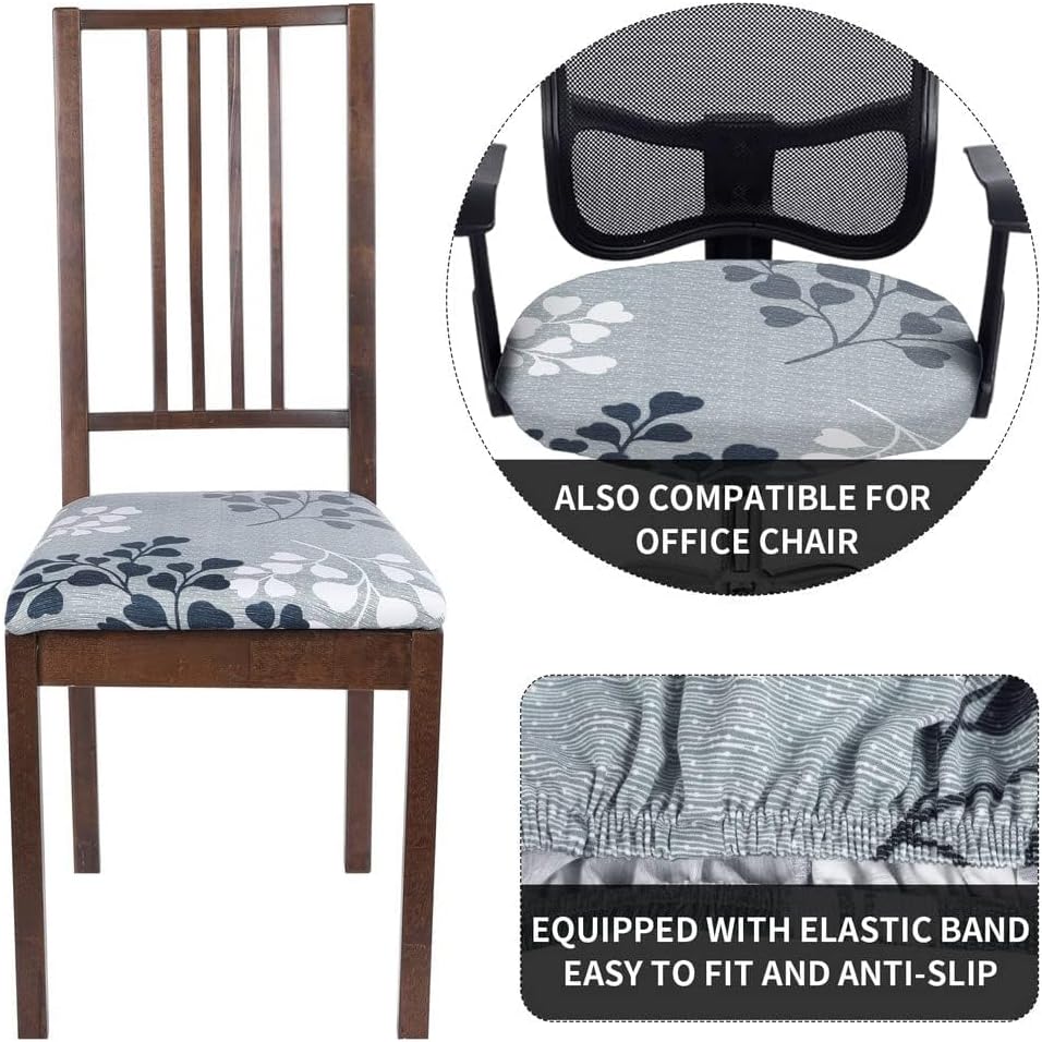 SearchI Seat Covers for Dining Room Chairs Stretch Printed Chair Seat Covers Set of 8, Removable Washable Upholstered Chair Seat Protector Cushion Slipcovers for Kitchen, Office(Leaves Pattern)