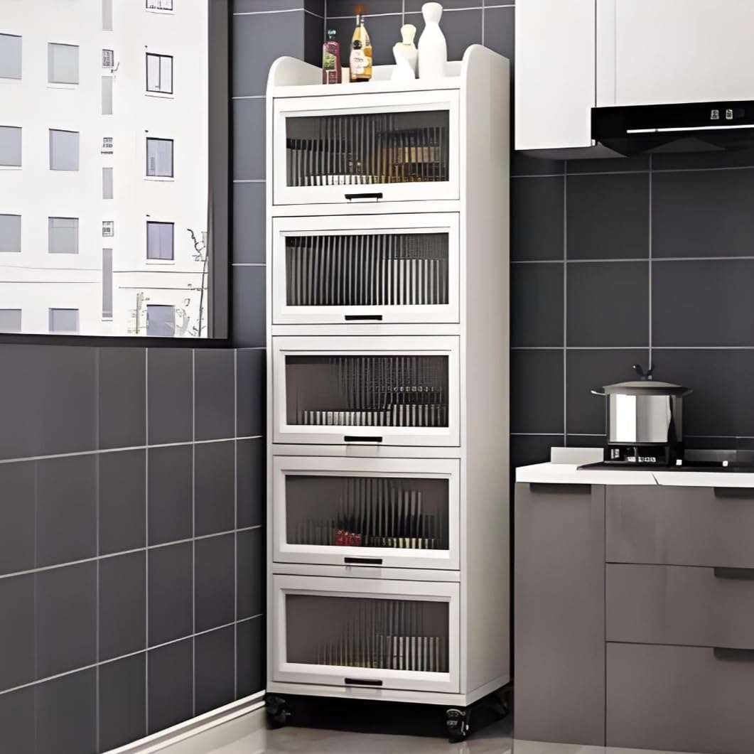 Carrello portaoggetti sottile da cucina con ruote, armadio stretto con ante a 6 ripiani, per piccoli spazi (bianco, 49,8 x 34,8 x 190,8 cm)