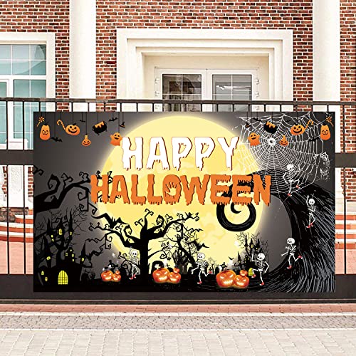 Famoby Happy Halloween Theme Fabric Sign Poster Banner Backdrop With Pumpkin,Ghouls, Bat,Spide,Moon For Halloween Photo Booth Background Party Decoration #TOP6
