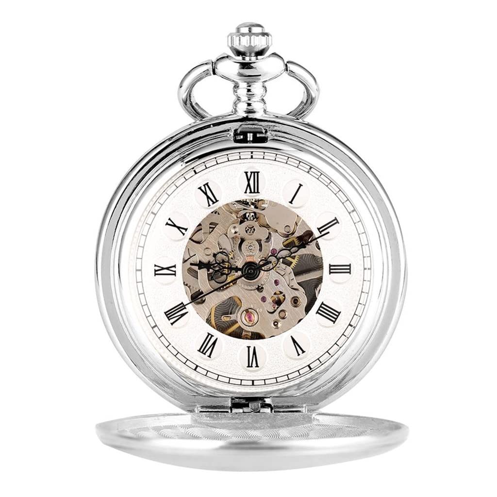 Męski srebrny zegarek z ręcznym nakręcaniem Steampunk Elegancki design Double Hollow mechaniczny zegarek kieszonkowy (kolor: A) (B)