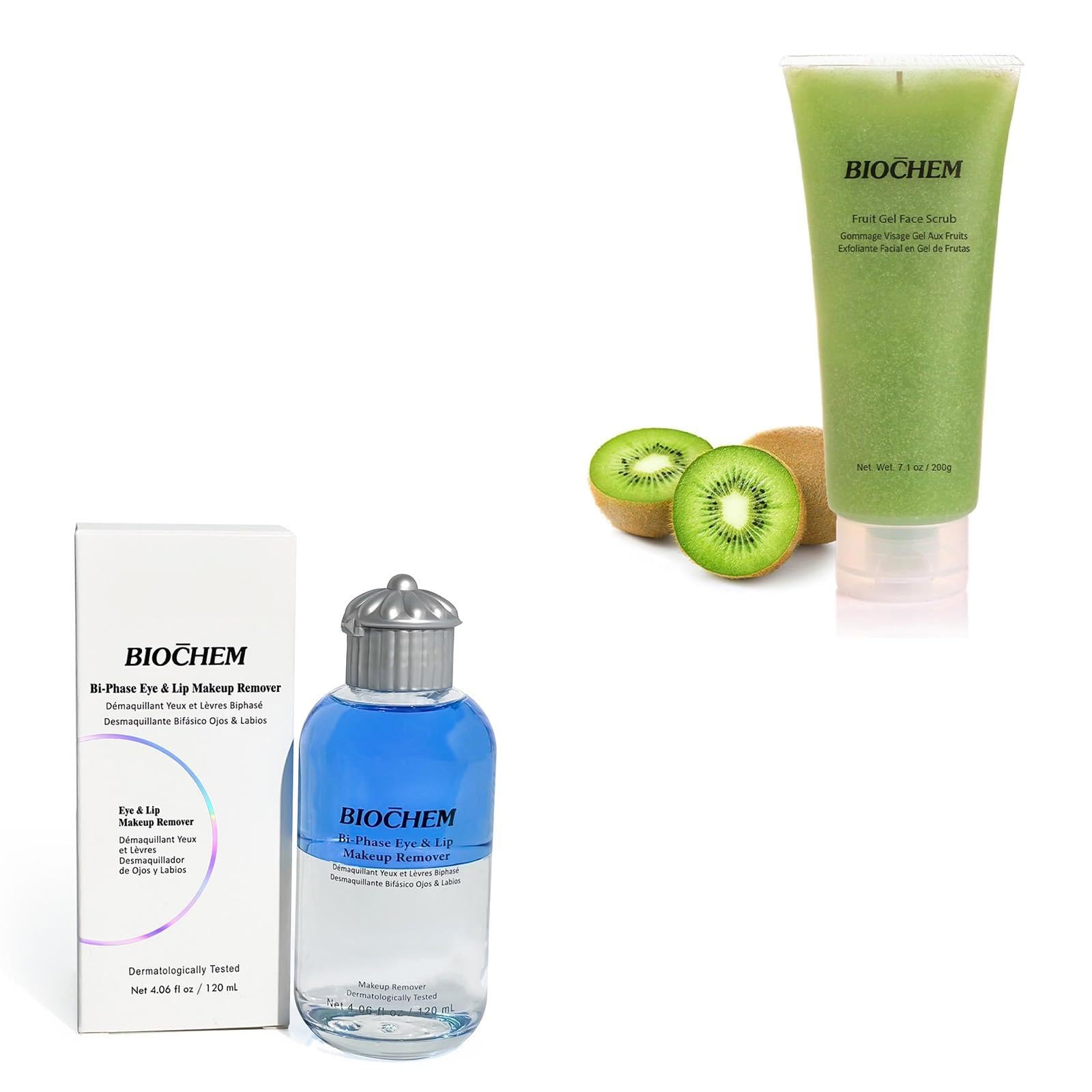 BIOCHEM Deep Cleansing Set – Waterproof Eye & Lip Makeup Remover for Mascara and Heavy Makeup + Exfoliating Face Scrub with Fruit Enzymes, Facial Cleanser Kit f