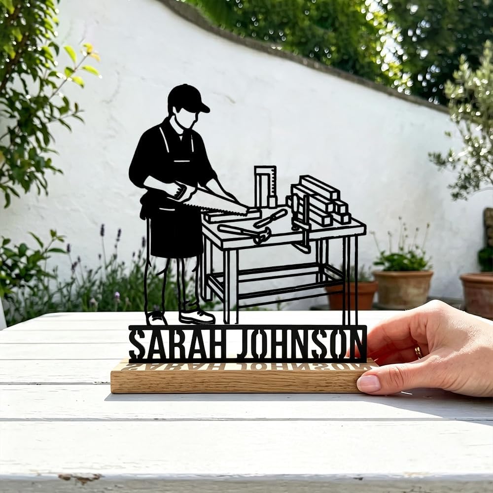 Personalized Metal Woodworking Desktop Ornament Rustic Garage Decor Unique Fathers Day Gift for Carpenter Husband Stylish Home Office Tabletop Plaque