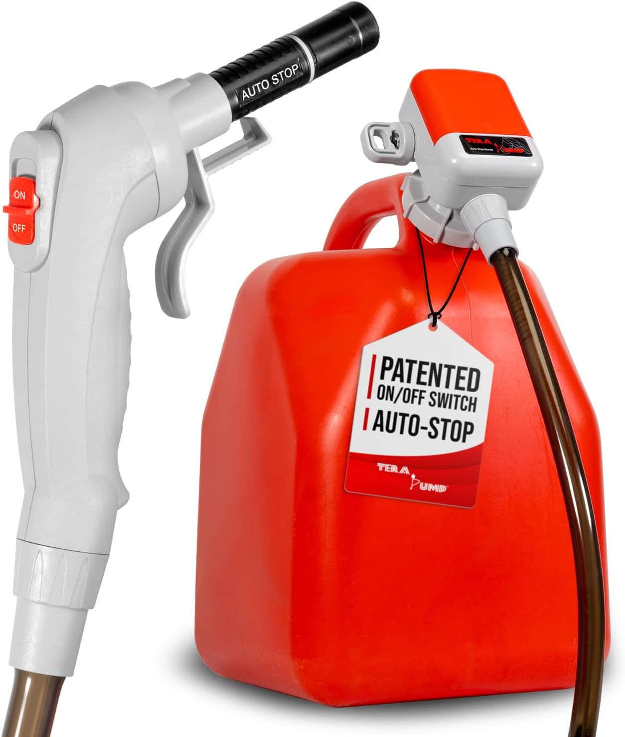 TERA PUMP - Fuel Transfer Pump - 2x Overflow Protection with Auto Stop & US Patented Power Nozzle, Built-In Adapter, 39.4" Heavy-Duty Vinyl Hose for Gasoline, Diesel, E15, E85 and More (2.6 GPM)
