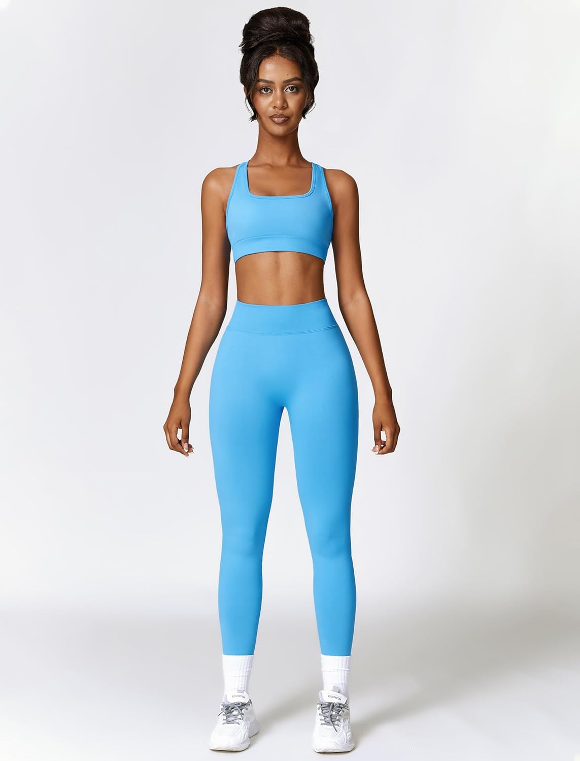 ABOCIW 2 Piece Workout Sets for Women Seamless Strappy Sports Bra V Scrunch Butt Lifting High Waist Leggings Gym Set - Image 5