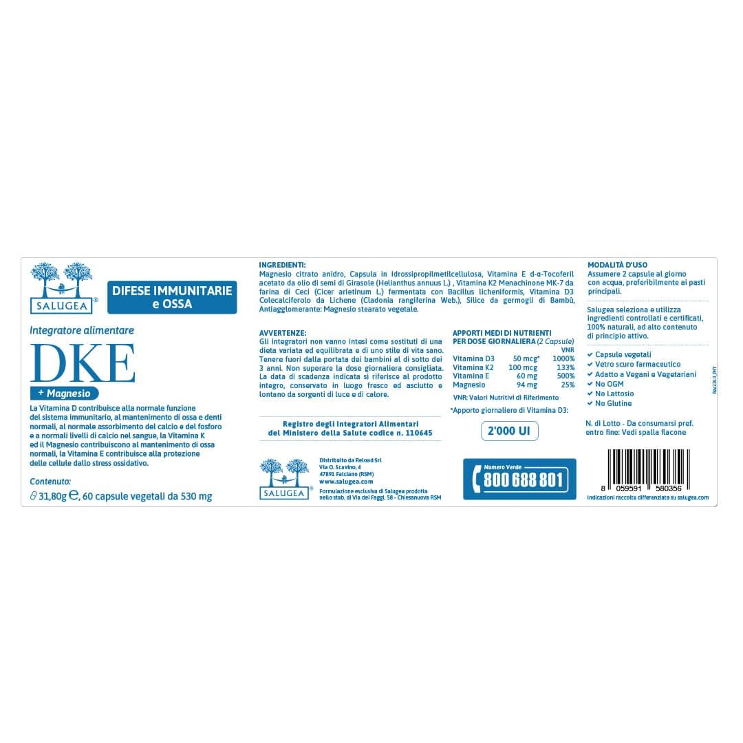 DKE + Magnesio Salugea - Integratore di Vitamine D3, K2, E e Magnesio - 100% Naturale - 60 Capsule Vegetali - Flacone in Vetro Scuro Farmaceutico