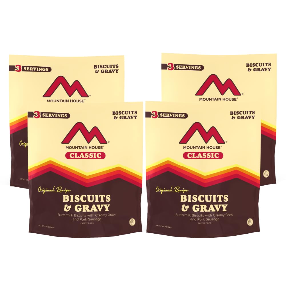 Mountain House Classic Biscuits & Gravy Freeze-Dried Food for Camping, 12 Servings, 30-Year Shelf-Life Classic Biscuits & Gravy - 4 pouches