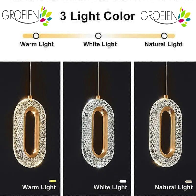 Image of Groeien Pack of 2 |12W | 3 Color Gold Finish Modern LED Crystal Oval Hanging Pendant Ceiling Lamp Fixture | Chandelier for Home, Indoor, Outdoor,Living Room, Bedroom(Oval-Crystal Ring, 2)