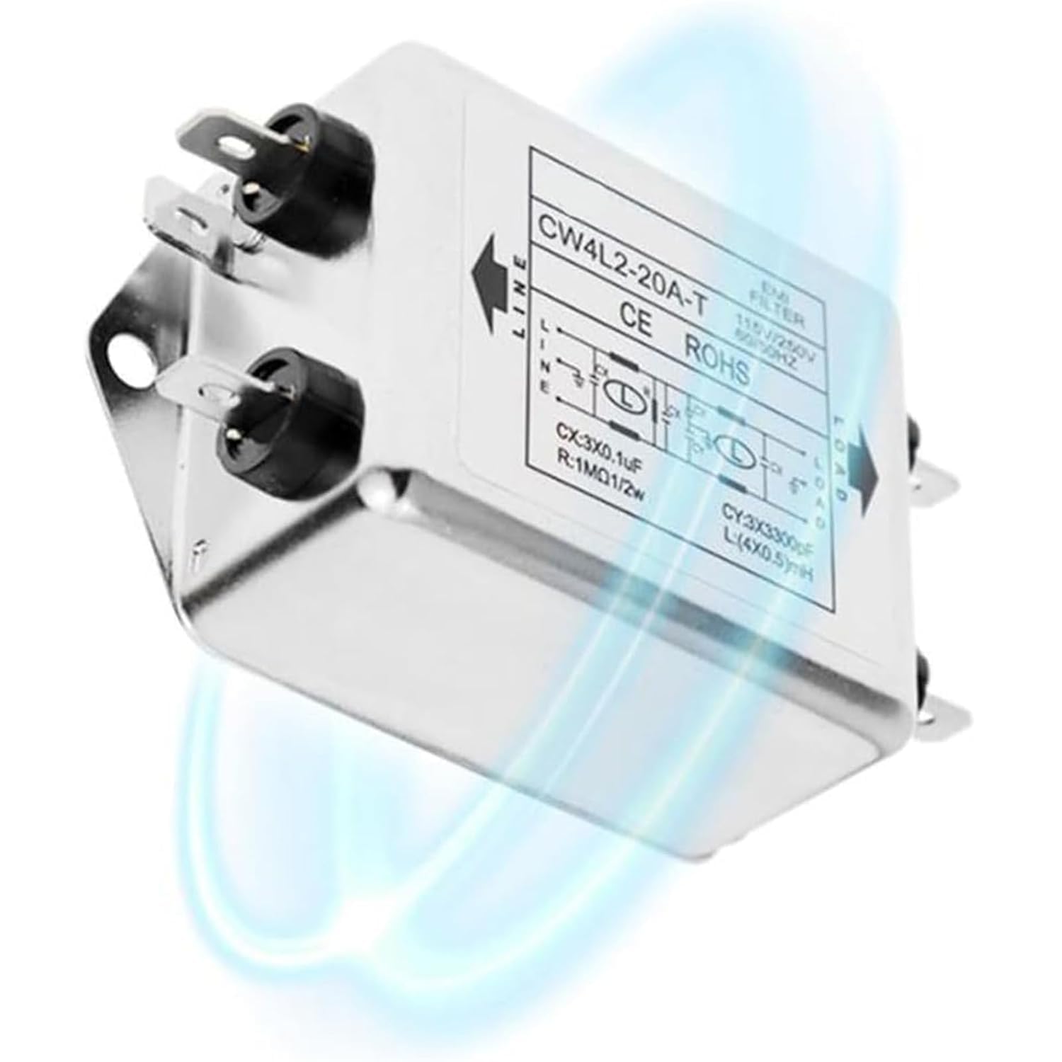 Fyearfly Filtre Emi de Ligne D’Alimentation, 115V/250V 20A 50/60Hz Cw4L2-20A-T Module de Filtre Emi avec Trou de Vis de Montage
