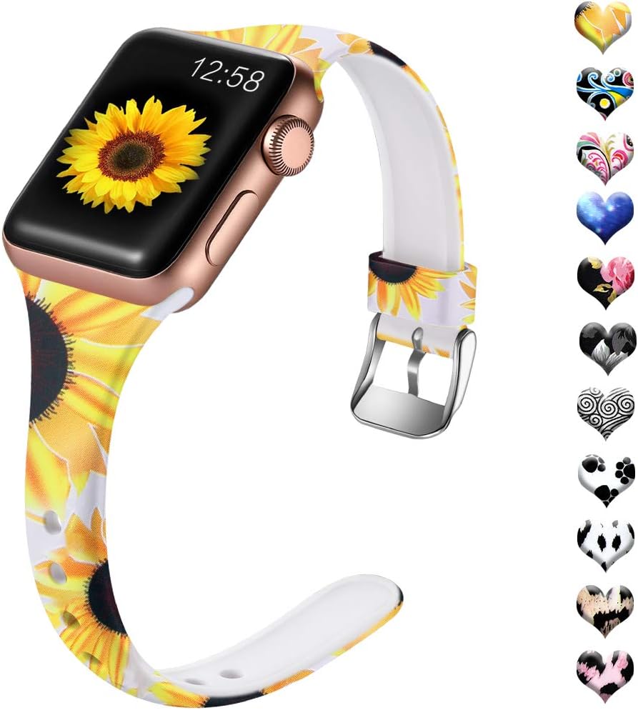 Henva Band Compatible with Apple Watch SE Band 40mm 38mm for Women, Fashion Silicone Thin Wristband with Print Pattern for iWatch Series 6/5, Series 4, Series 3, Series 2, Series 1, Sunflower Pattern, M/L
