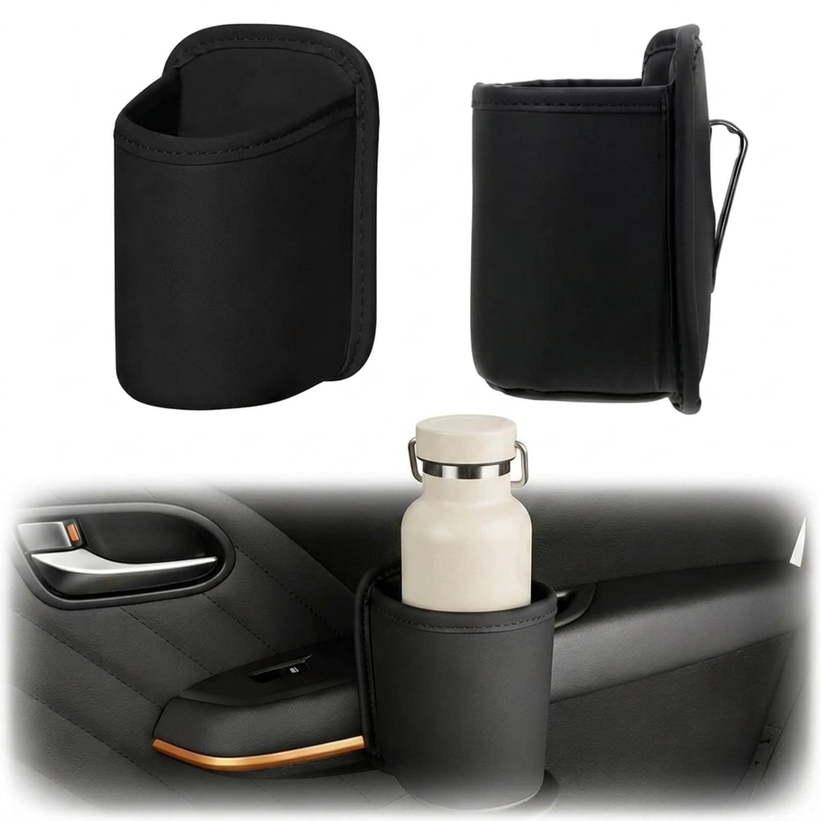 Tryagat 2 Pcs Car Cup Holder for Cupra Terramar 2026 2025 2024, Auto Organizer Multifunctional Drinks Holder Side Door Storage Bag Premium Leather Black