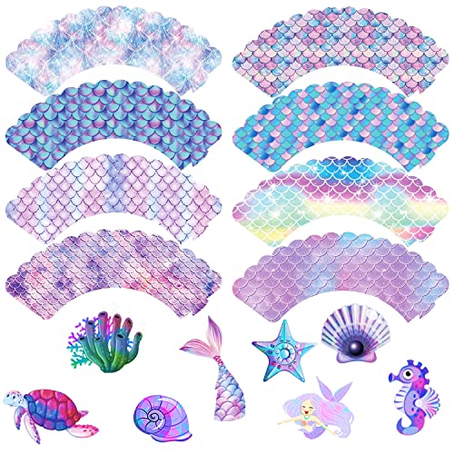 48Pcs Cupcake Toppers And Wrappers Set 24Pcs Cake Toppers + 24Pcs Cupcake Liners With Starfish Conch Seahorse Shell For Mermaid Themed Party Favors Decoration Birthday Cake Decor #TOP3