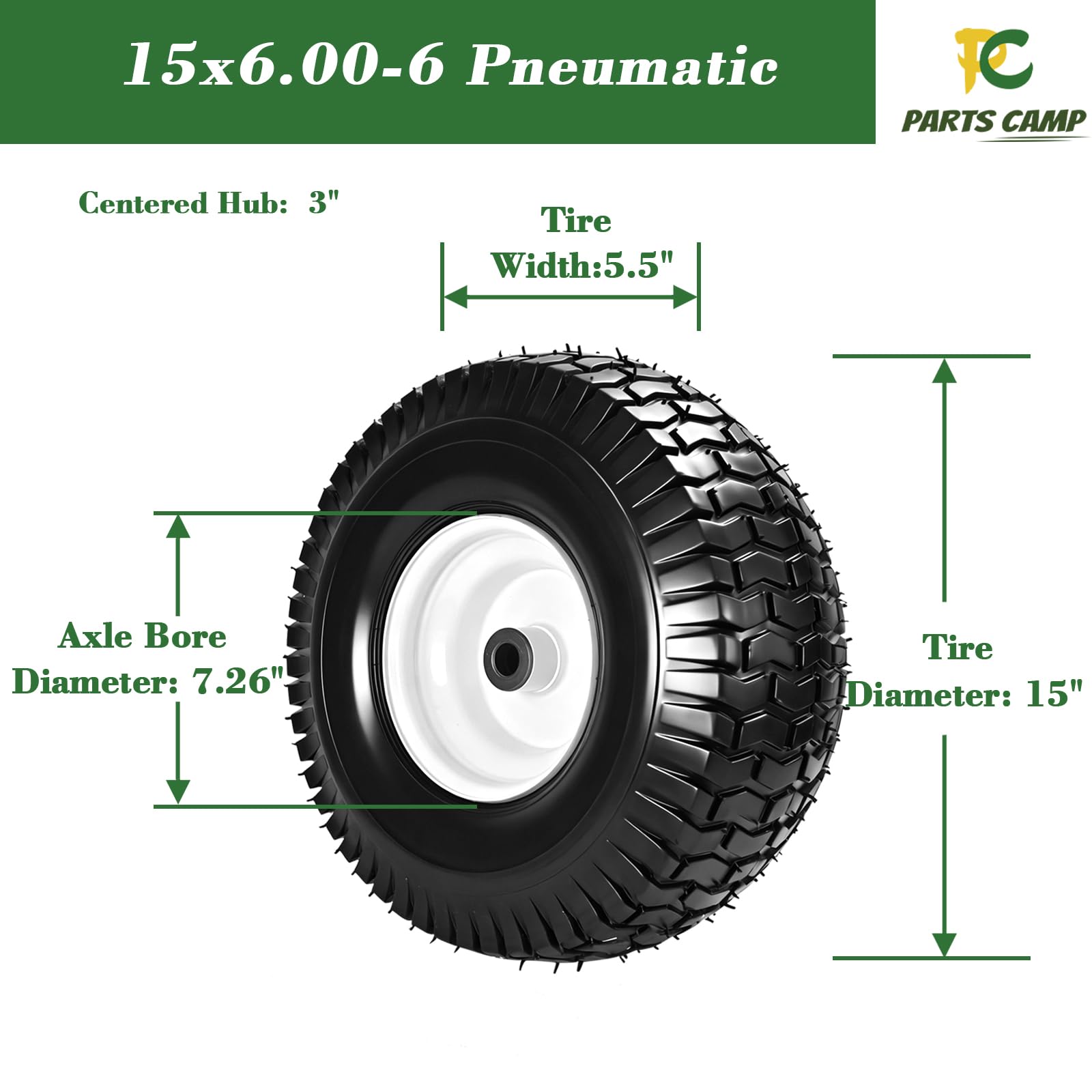 Parts Camp 15x6.00-6nhs Pneus et roues de tondeuse à gazon avec bague de 3/4" et moyeu centré de 3", pneu pneumatique en caoutchouc pour tondeuses autoportantes Husqvarna Craftsman (lot de 2)