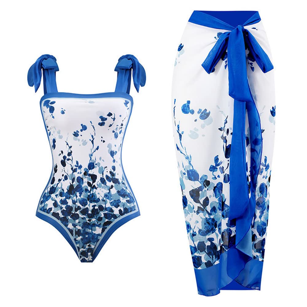 Morbuy Badpak Top Langer voor Vrouwen Rok, Zomer Tweedelige Vlinder Polka Dots Print Een Stuk Gewatteerde Zwemmen met Cover ups Plus Size Tummy Control Badmode Bikini's Badpak voor Strand, Blauw, XL
