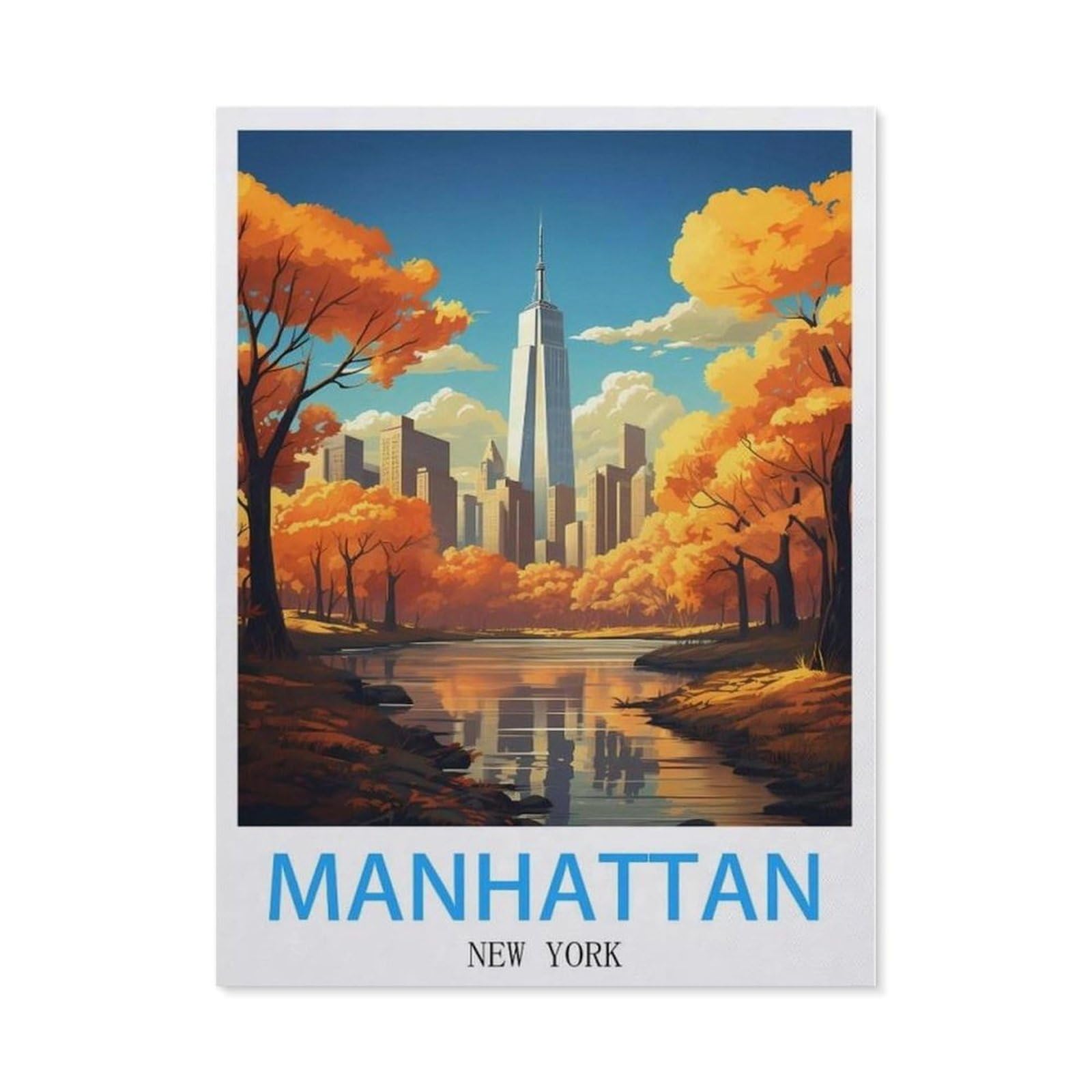 Beayodkp （40 X 50 Cm/15.74 X 19.68 Inches） Manhattan New York Vintage Travel Posters，5D Diy Diamond Painting Full Round Drill Diamond Embroidery Cross Stitch Rhinestone Mosaic Paintings Art-Cc90