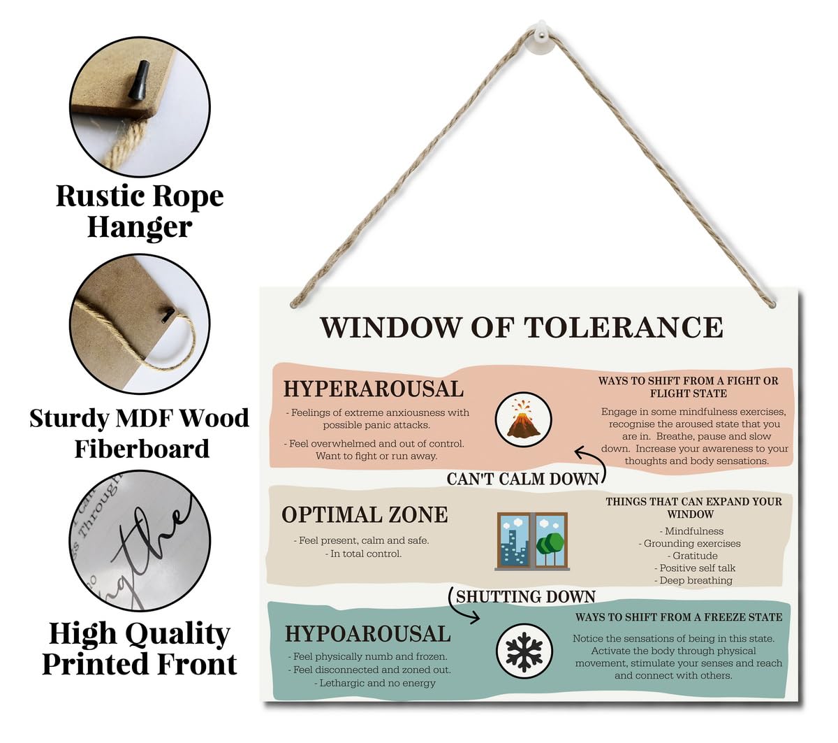 BQL Therapy Decor, Mental Health Hanging Wall Art, Social Emotional Development, Coping Skills, Mindfulness Sign for Adult, Counseling Room Decor, Window of Tolerance Sign, 8X10inch MDF Wood 3
