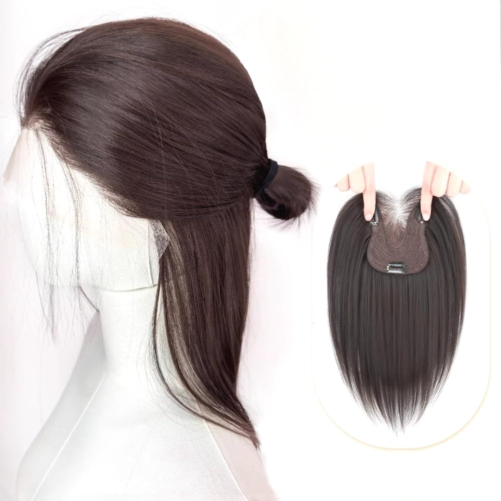 3.5x4.3inch Seamless Straight Synthetic Hair Topper Hairpiece Top Piece Wiglet Hairpiece for Women Thin Hair (Natural black,Middle part)