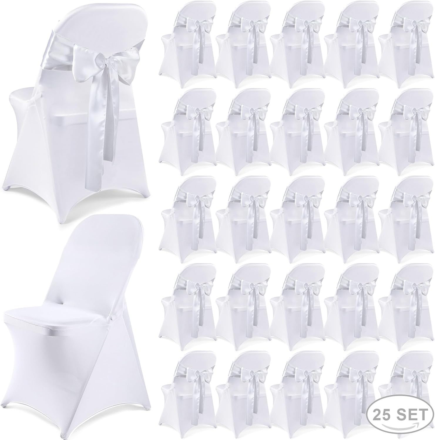 Lounsweer 50 Pcs Folding Chair Cover Set with 25 Stretch Spandex Slipcovers 25 Satin Chair Sashes Bows Ribbon Washable Banquet Protector for Wedding Event Party(White, White)