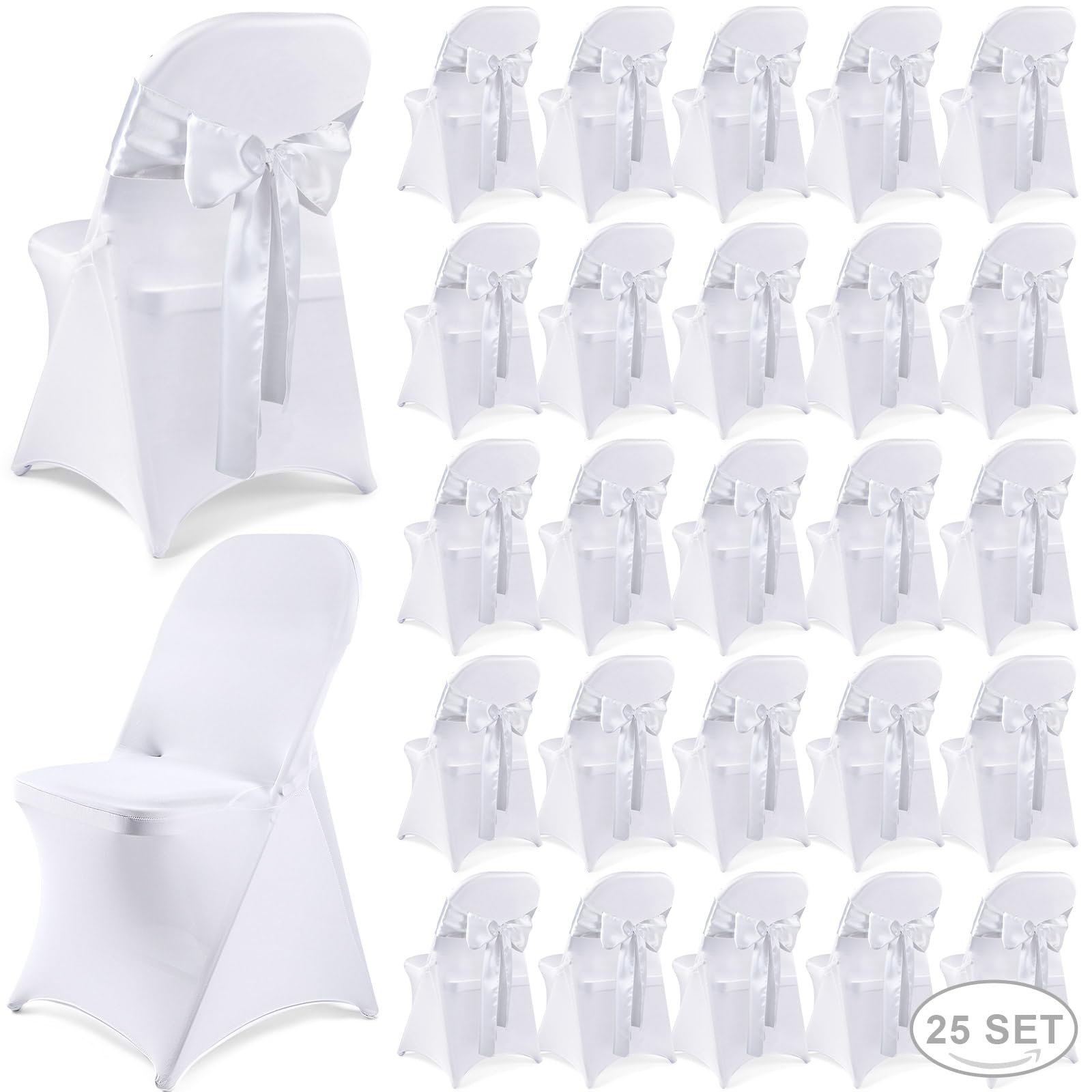 Lounsweer 50 Pcs Folding Chair Cover Set with 25 Stretch Spandex Chair Slipcovers 25 Satin Chair Sashes Bows Chair Ribbon Washable Banquet Chair Protector for Wedding Event(White, White)