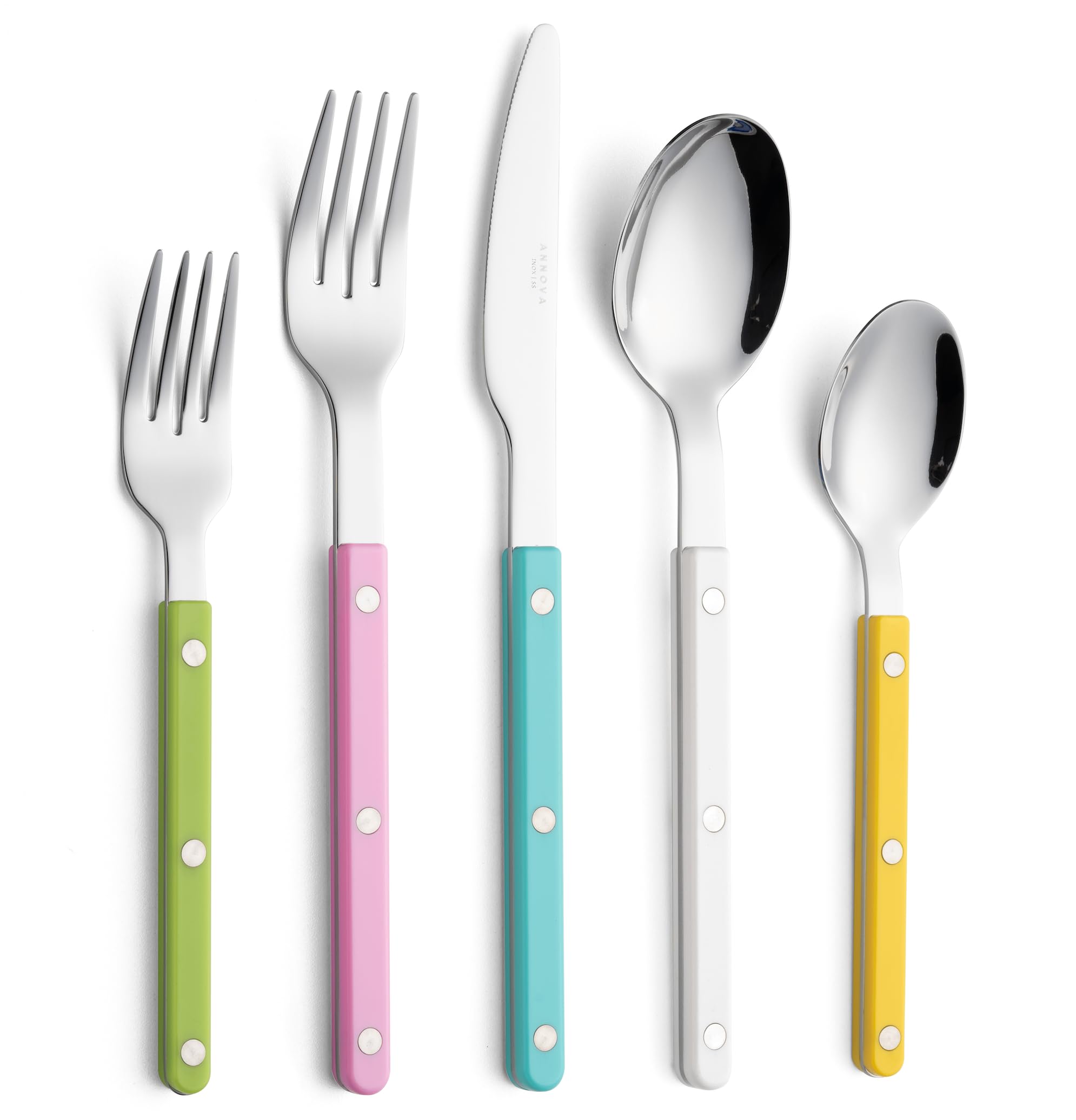 ANNOVA Silverware Set, Retro/Rivet Colorful Stainless Steel Tableware Kitchen Flatware Set Utensils, Includes Dinner Knives, Forks, Spoons, Salad Forks & Dessert Spoons (Pastel Mix, 10 Pieces)
