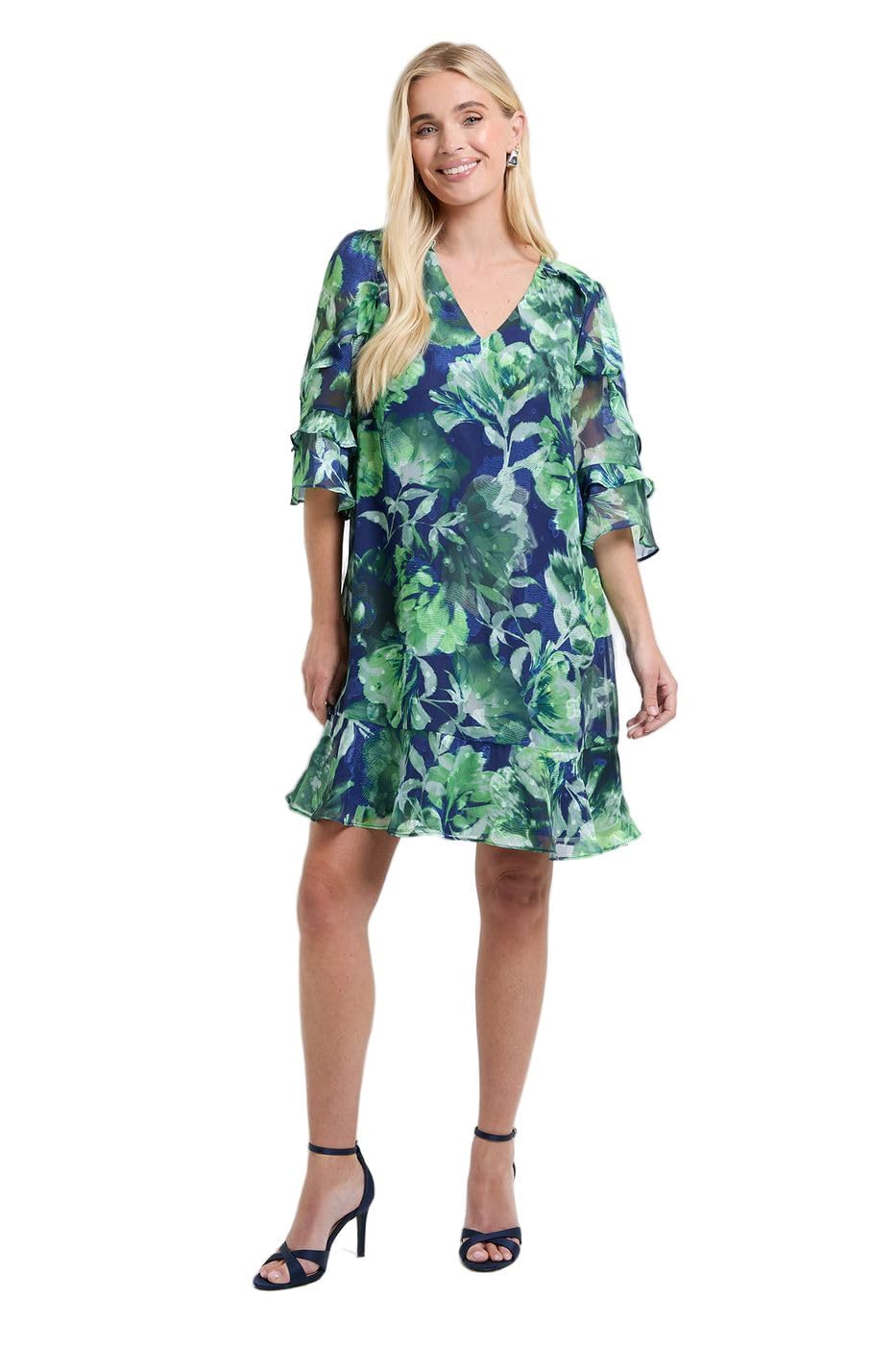 Wallis Petite Floral Print Ruffle Shift Dress, 10, Navy