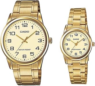 His & Her Gold Dial Stainless Steel Band Couple Watch - MTP/LTP-V001G-9BUDF