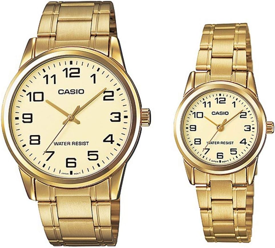 His & Her Gold Dial Stainless Steel Band Couple Watch - MTP/LTP-V001G-9BUDF