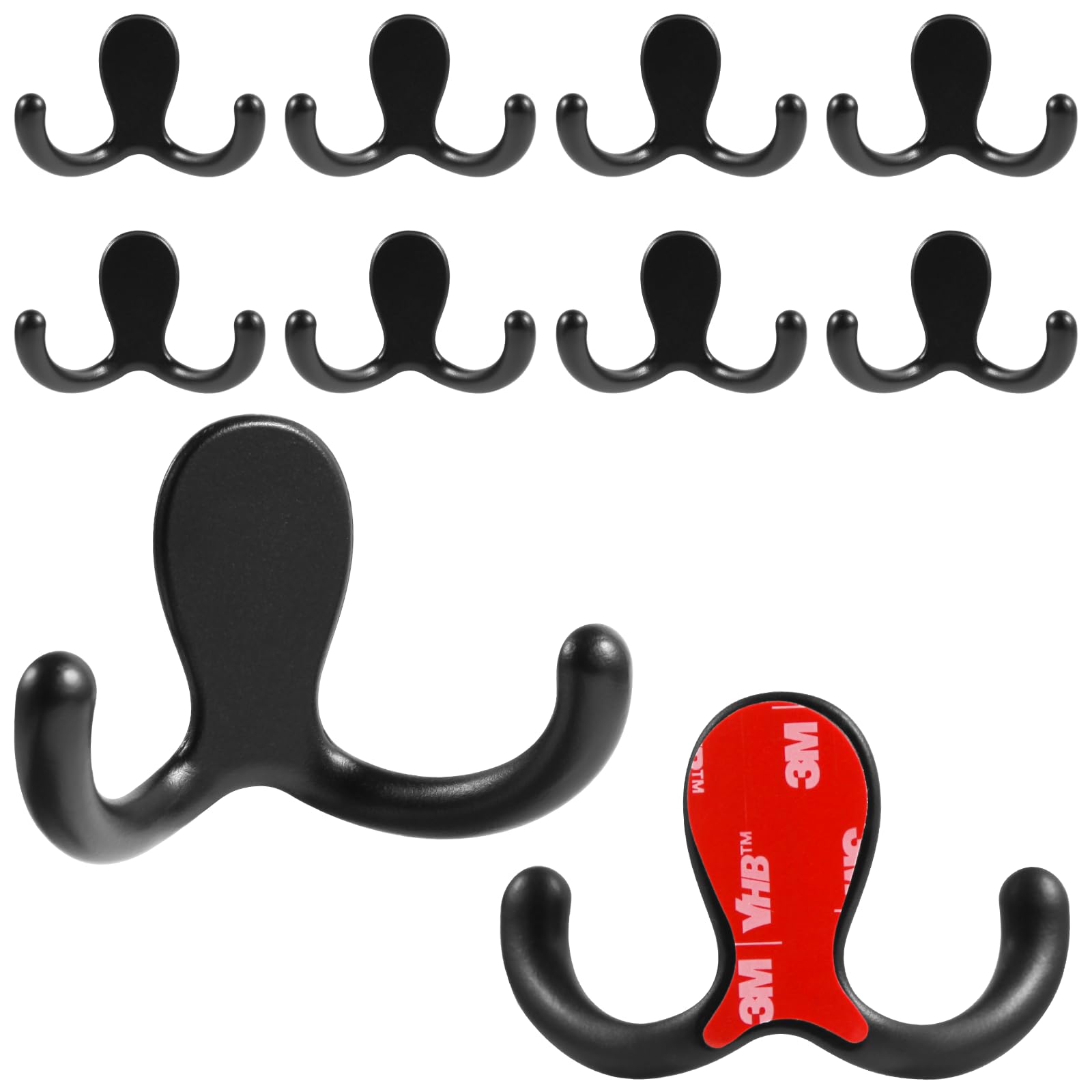 8 Pcs Heavy Duty Coat Hooks Wall Mounted, Metal Double Prong Robe Hook, Wall Hooks for Hanging, Self Adhesive Hooks Hold 40lbs, Closet Hooks, Black Hooks for Clothings,Towel, Hat,Key,Shower